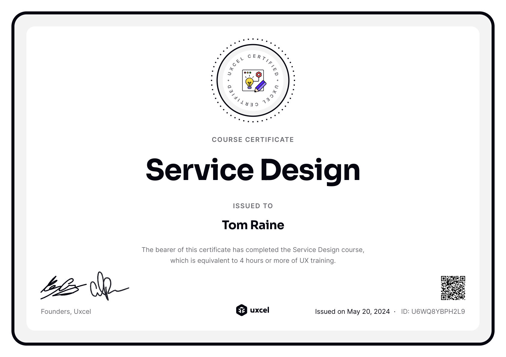 Tom Raine's certificate